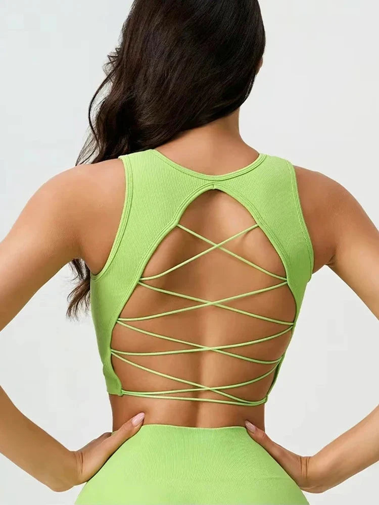 Women's Sexy Threaded Cross Hollow Back Yoga Exercise Fitness Vest Integrated Sports Training Bra Vest for Fitness And Yoga