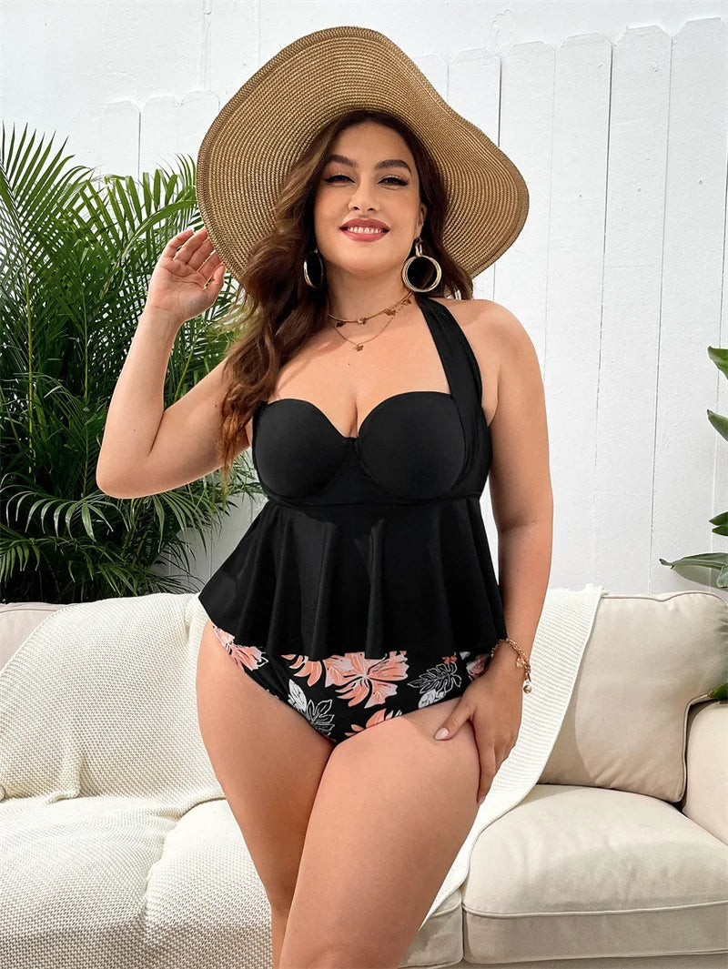 VigoJany 2026 Black Verge Plus Size Tankini Women Tied Halter Push Up Big 2 Piece Swimsuit High Waist Beach Large Bathing Suit