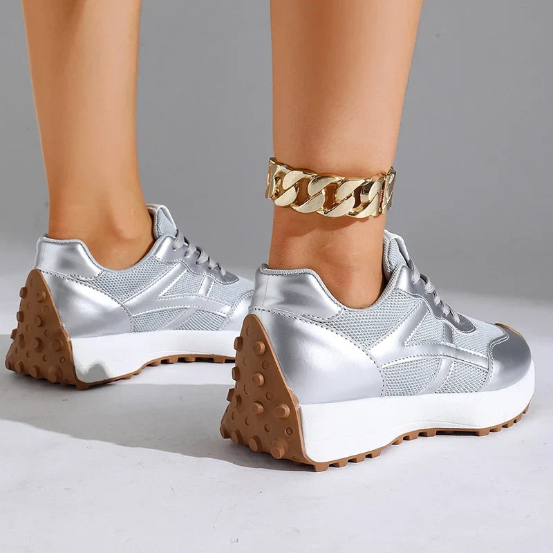 Fashion Thick Sole Silver Sneakers Women 2026 Plus Size 43 Breathable Platform Sport Shoes Woman Anti Slip Lace Up Running Shoes