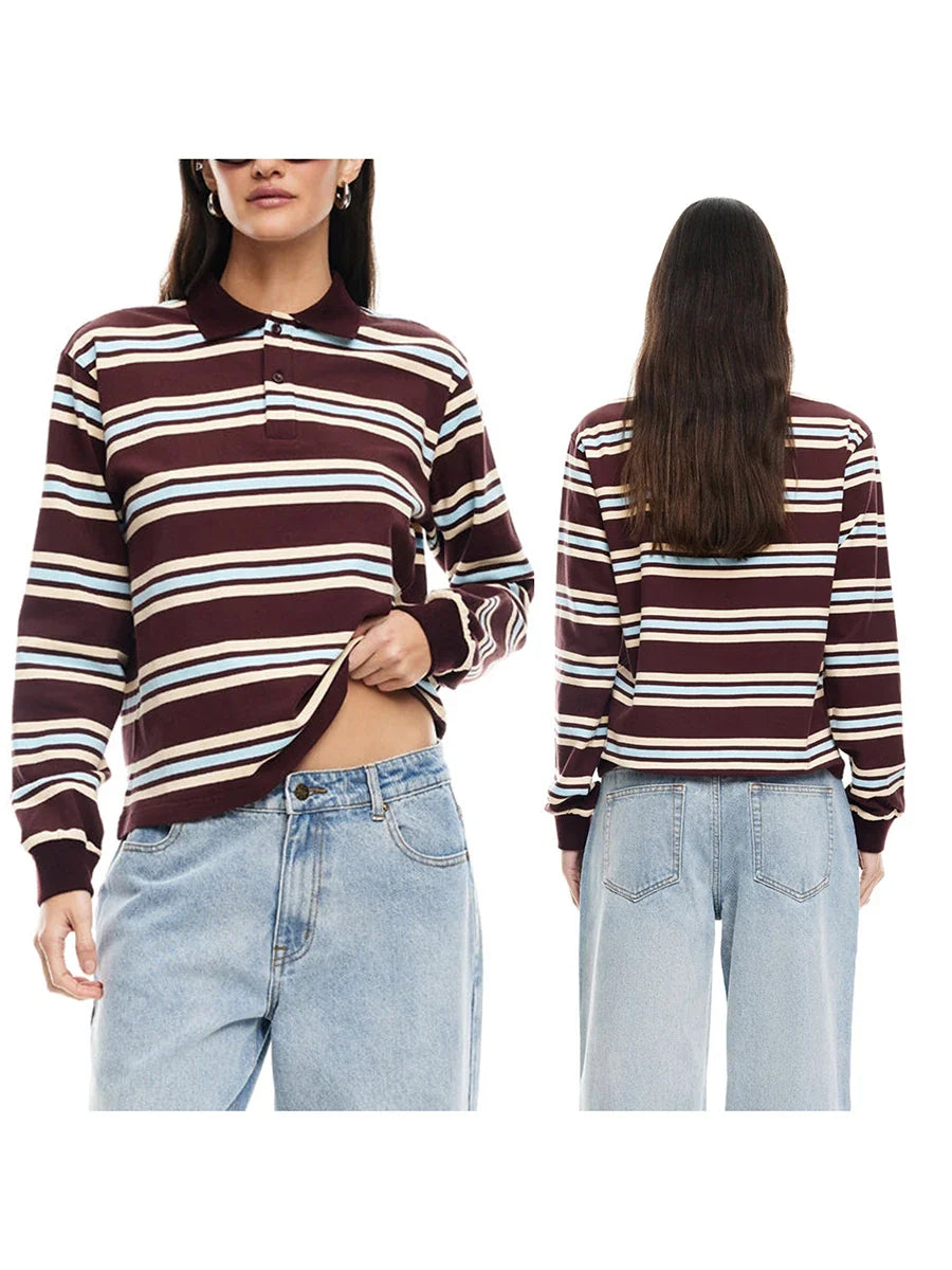 Women's Fall Striped Print T-Shirt Contrast Color Long Sleeve Lapel Neck Button-up Casual Pullover Tops