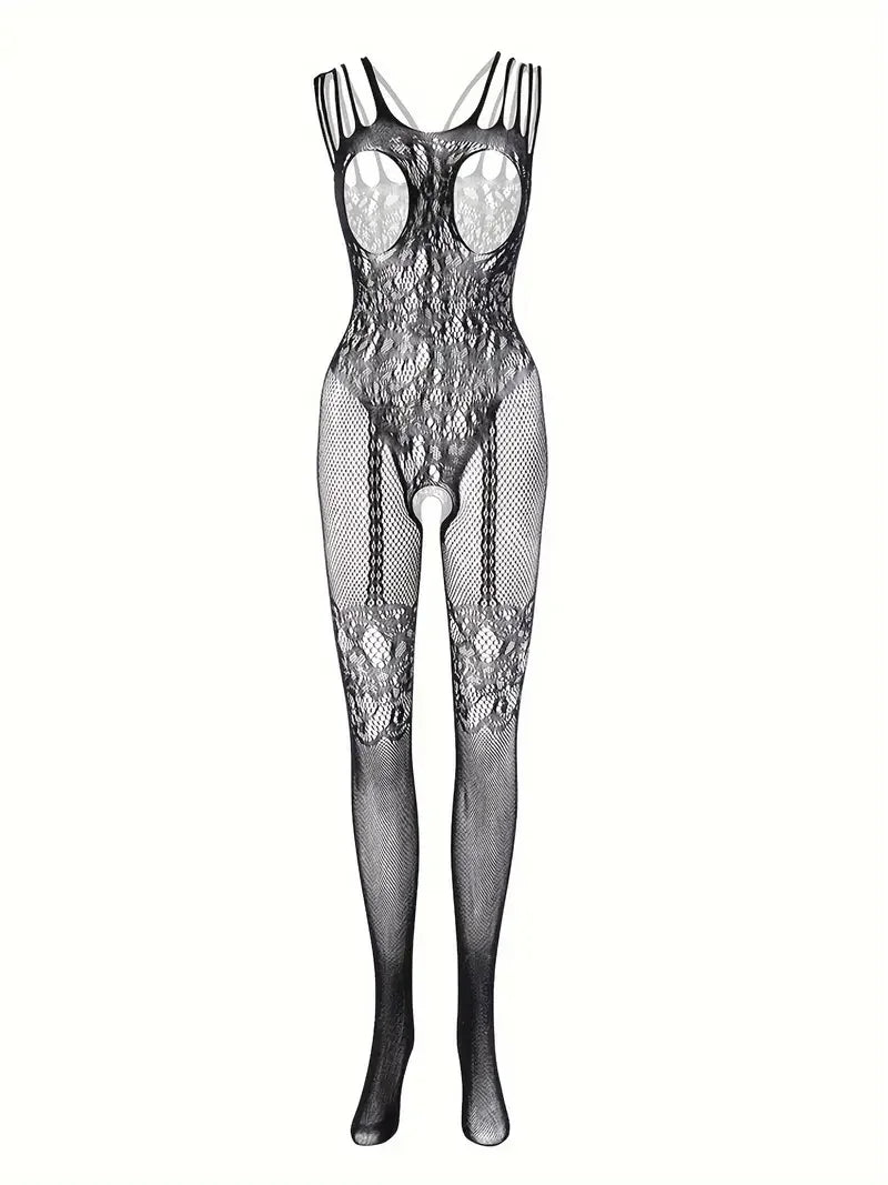 Sheer Floral Jacquard Fishnet Bodysuit - High Stretch, Open Chest, Women's Sexy Lingerie Crotchless Bodystockings Erotic Outfits