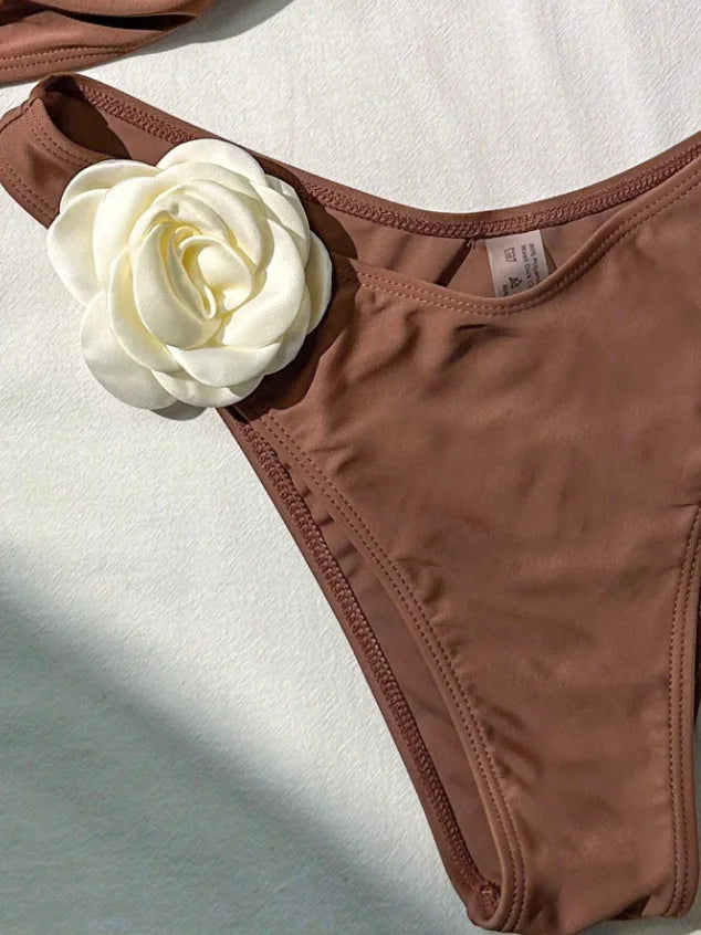 Sexy 3D Flower Patchwork Swimwear Thong Bikini 2024 Women Lace-up Swimsuit Halter Drawstring Swimming Bathing Suit Biquini Mujer