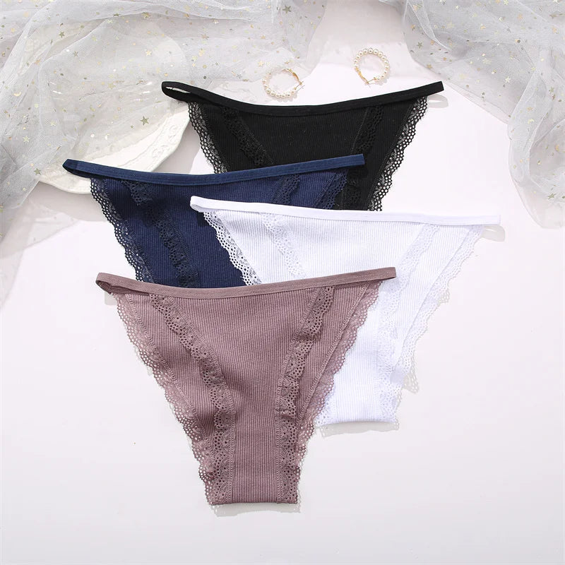 3PCS Women‘s Cotton Lace Panties Low Waist Briefs Comfortable Underwear Ladies Solid Color Underpants Girls Breathable Panty New