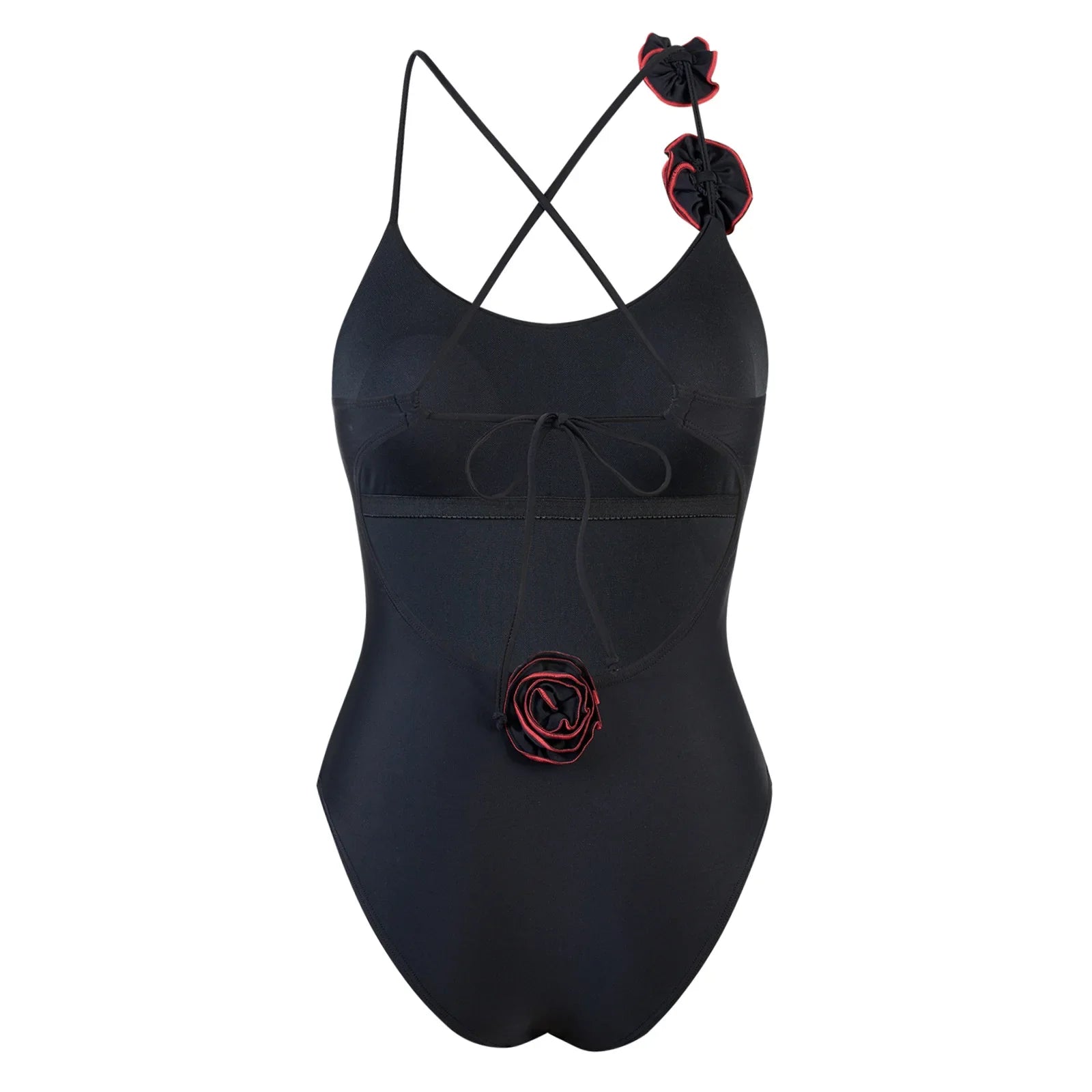 sexy 3D flower back tie swimsuit one piece bikini thong swimwear bodysuits women biquini bathing suits solid black color