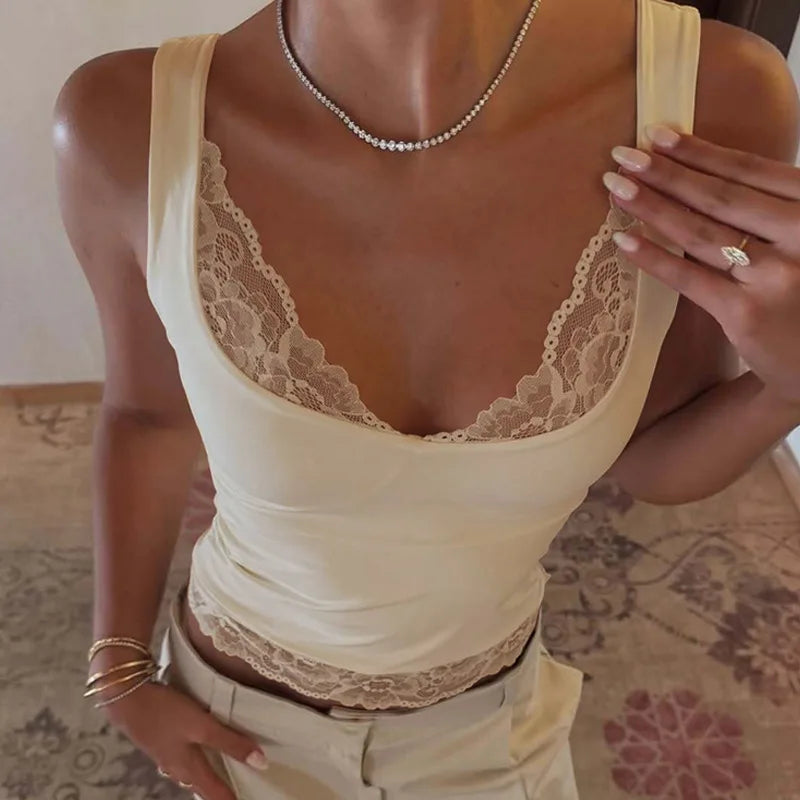 FDYOUI Chic Lace Patchwork Tank Tops for Women 2026 Summer Sleeveless Slim T-shirt Ladies Crop Top Y2K Streetwear Pink Corset