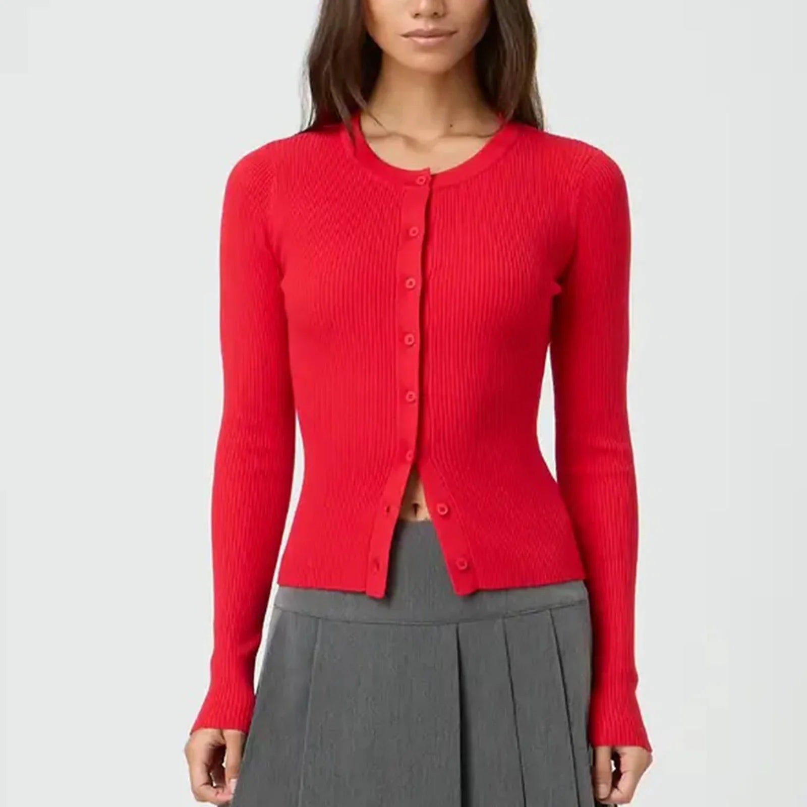 Autumn Winter Sweater Cardigan Women Solid Color Long Sleeve Round Neck Button Up Ribbed Knitwear Slim Coat
