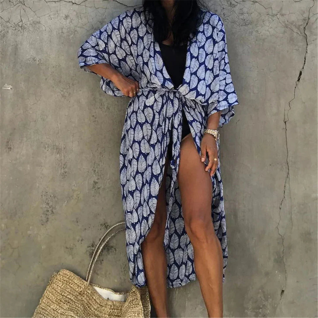 7 Colors Leaves Printed With Belt Half Sleeve Tunic Beach Cover Up Cover-ups Beach Dress Beach Wear Beachwear Female Women V4511