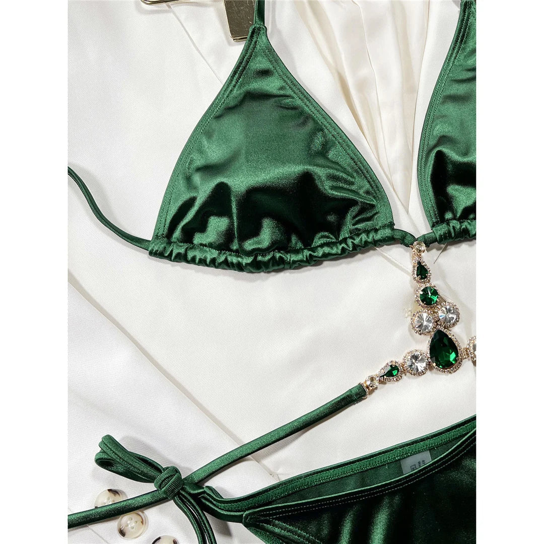 Sexy Diamond Rhinestone Halter Bikini Female Swimsuit Women Swimwear Two-Pieces Bikini Set Bather Bathing Suit Swim Lady V4114