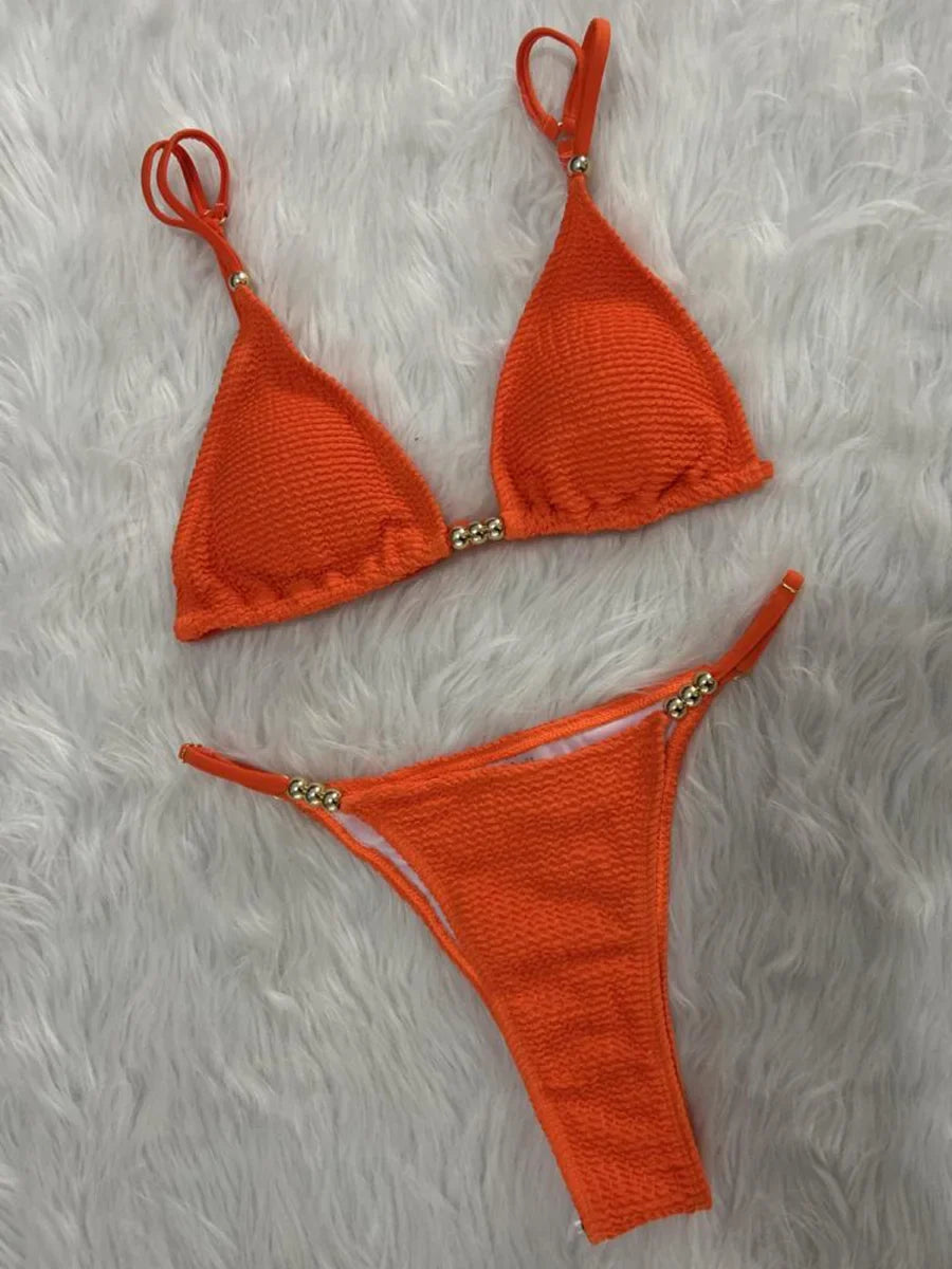 Wrinkled Pleated High Cut Brazilian Bikini Women Swimwear Female Swimsuit Two-pieces Bikini Set Bather Bathing Suit Swim Lady