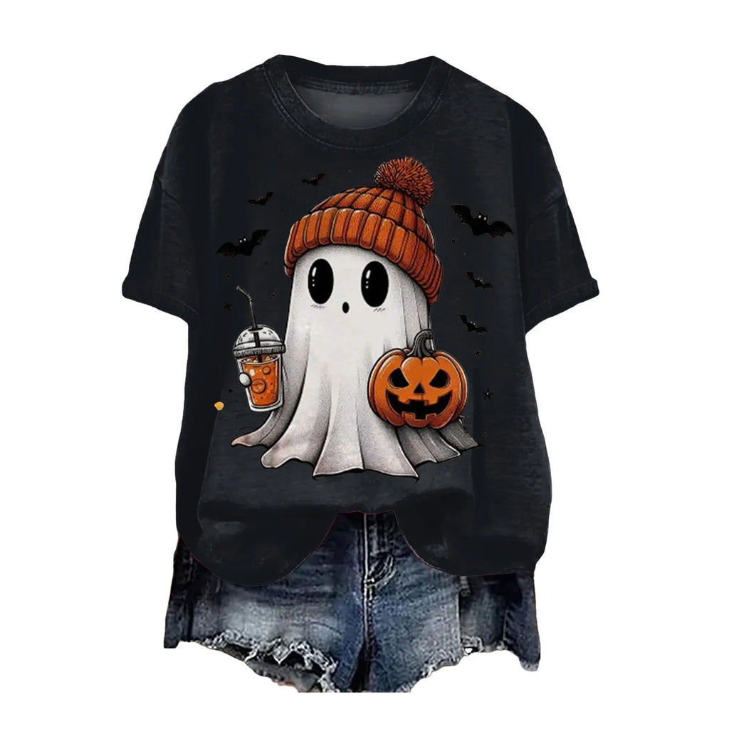 Cute Printed Halloween Shirt For Women Funny Crew Neck Short Sleeve Clothes Top Tee Shirts Halloween Cosplay Tops Humor T-Shirt