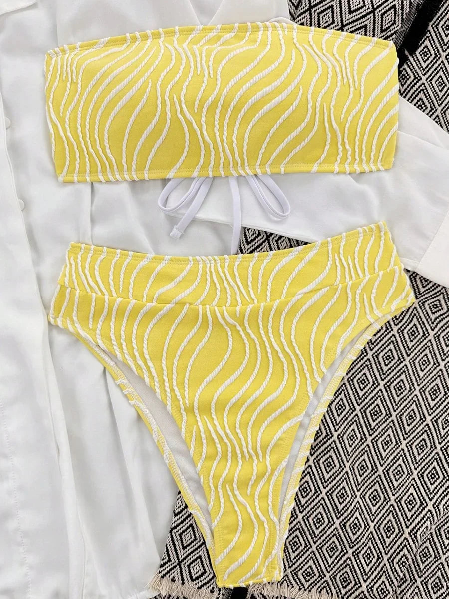 Wave Striped Bikinis High Waist Bikini Female Bandeau Swimsuit Women Swimwear Two-pieces Bikini Set Bathing Suit Swim Beach Wear