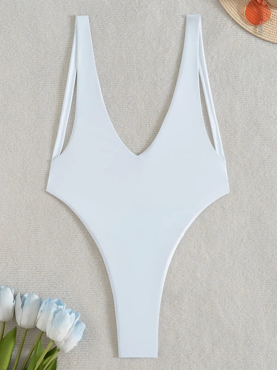 Sexy V Neck High Leg Cut One Piece Swimsuit Women Thong Swimwear Female Bather Monokini Backless Bathing Suit Swim Beachwear
