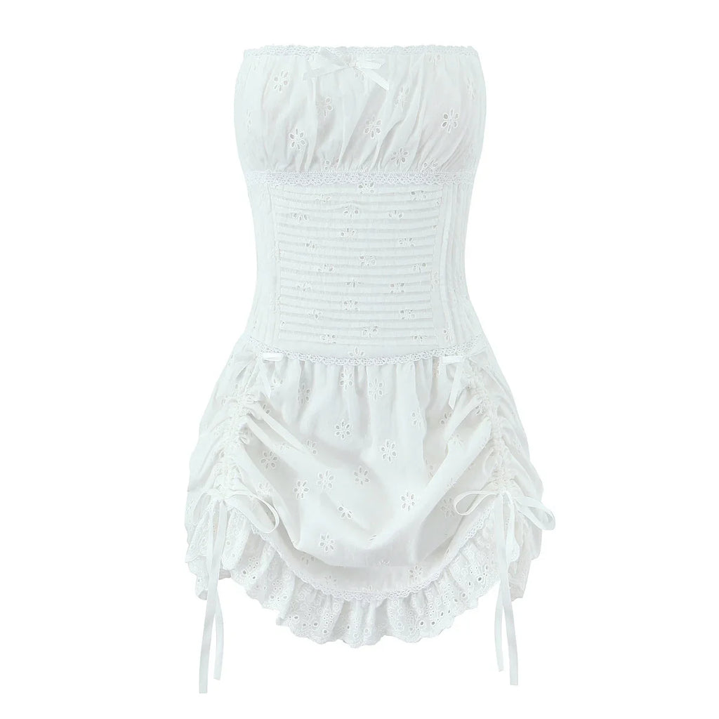 Foridol White Cotton Summer Women's Dress 2025 Off Shoulder Strapless Mini Beach Dress Casual Flower Embroidery Drawstring Dress