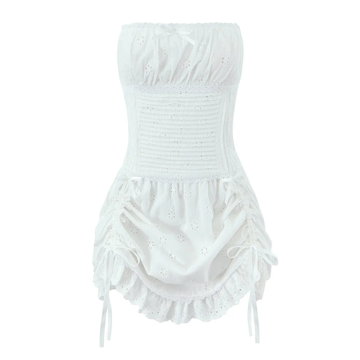 Foridol White Cotton Summer Women's Dress 2025 Off Shoulder Strapless Mini Beach Dress Casual Flower Embroidery Drawstring Dress
