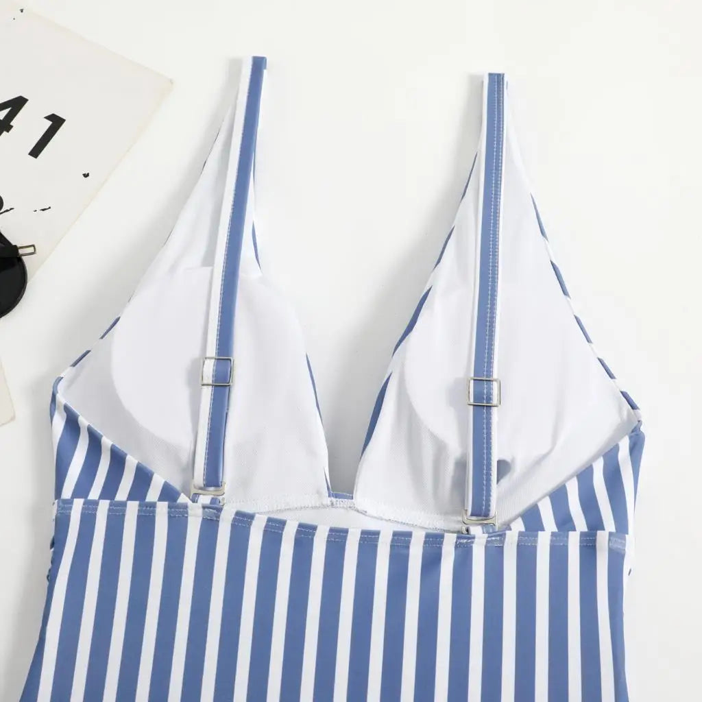 2026 Striped One Piece Swimsuit Sexy Swimwear Women V-neck Bathing Swimming Suit Female Summer Beachwear Bodysuit