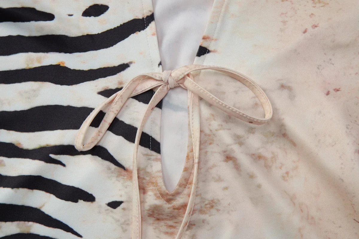 FDYOUI Sexy Zebra-stripe Print Tank Tops Women's Corset 2026 Summer Stand Collar Lace-up Sleeveless T-shirt Hollow Out Crop Top