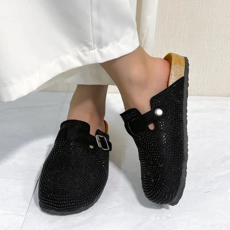 Shiny Rhinestones Outdoor Slippers Women's Shoes 2026 Summer Trend Luxury Platform Sandals Black Buckle Cork Clog Luxury Mules