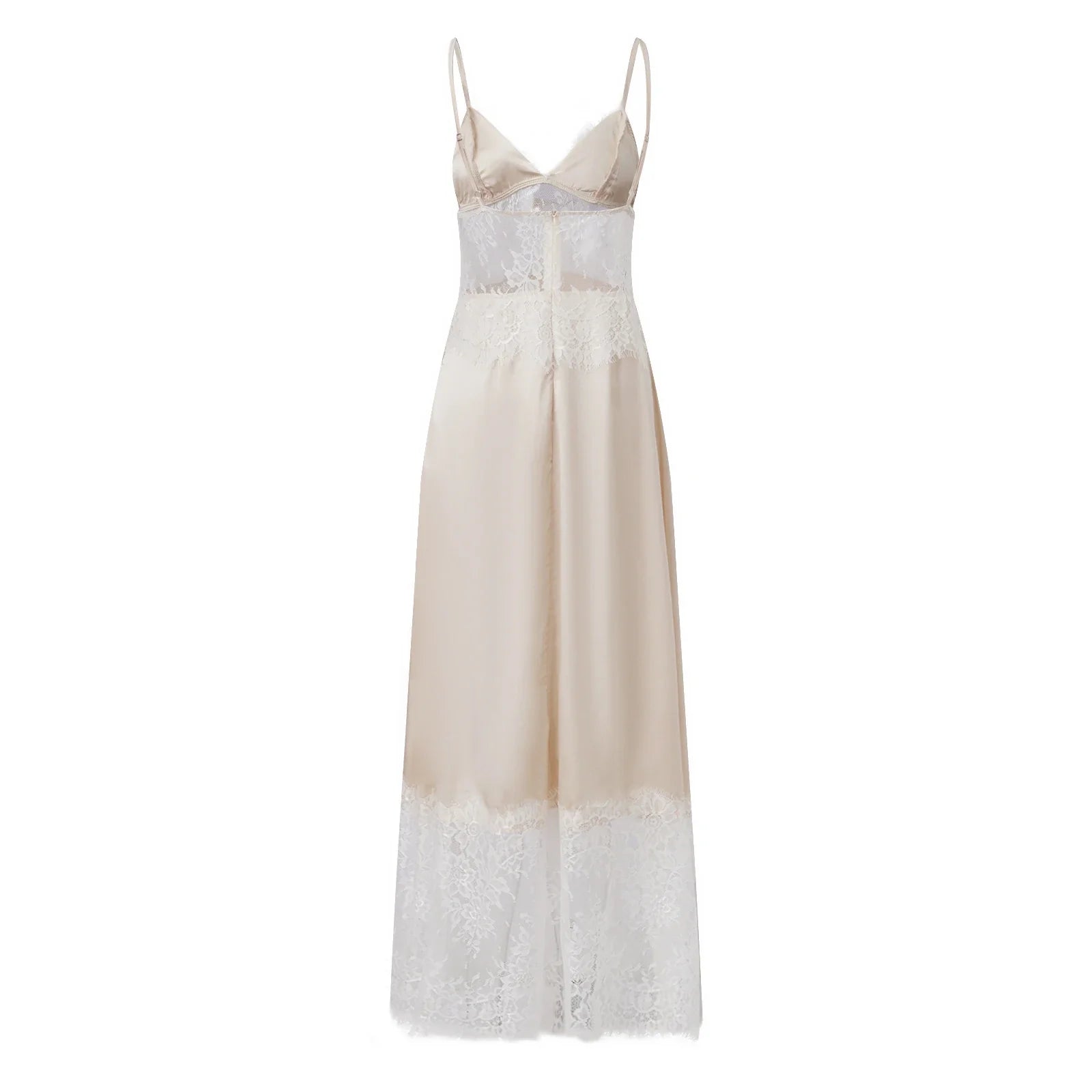 2026 Summer Women's Lace Patchwork Satin Dress Sleeveless Spaghetti Strap V Neck Long Dress Retro Sexy Elegant Dresses
