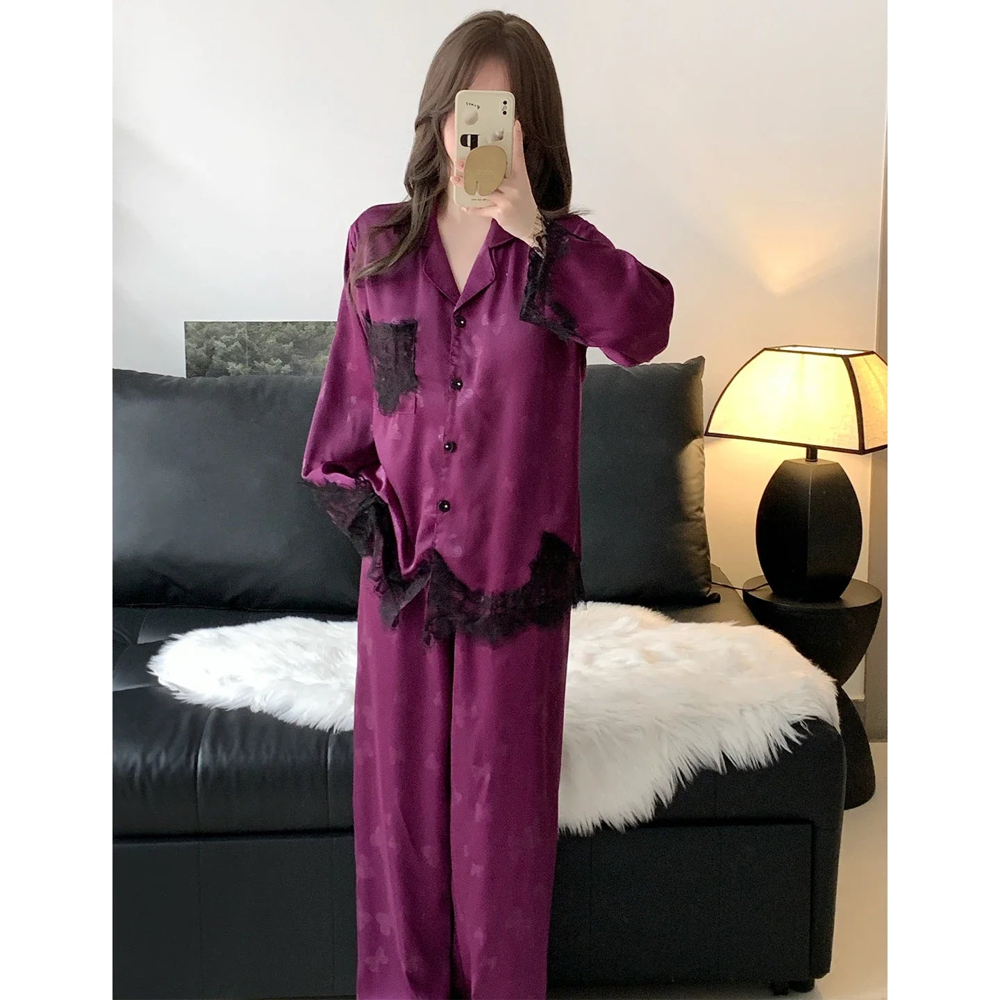 Spring and summer women's pajamas lace sweet cardigan long-sleeved suit home wear