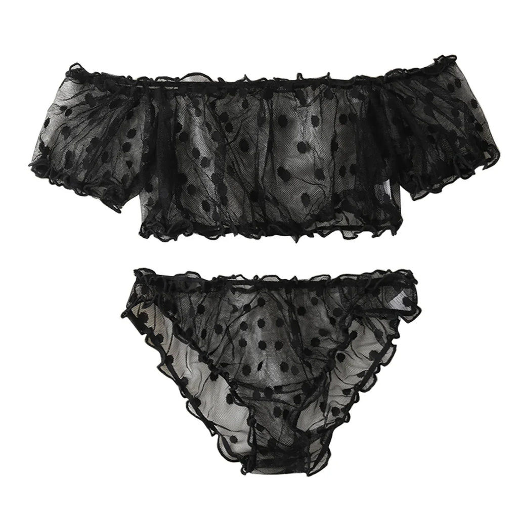 Women 2-Piece Transparent Erotic Sexy Lingerie Dot Embroidery Mesh Fancy Outfit Romantic Hot Underwear Set Bra And Panty Sets