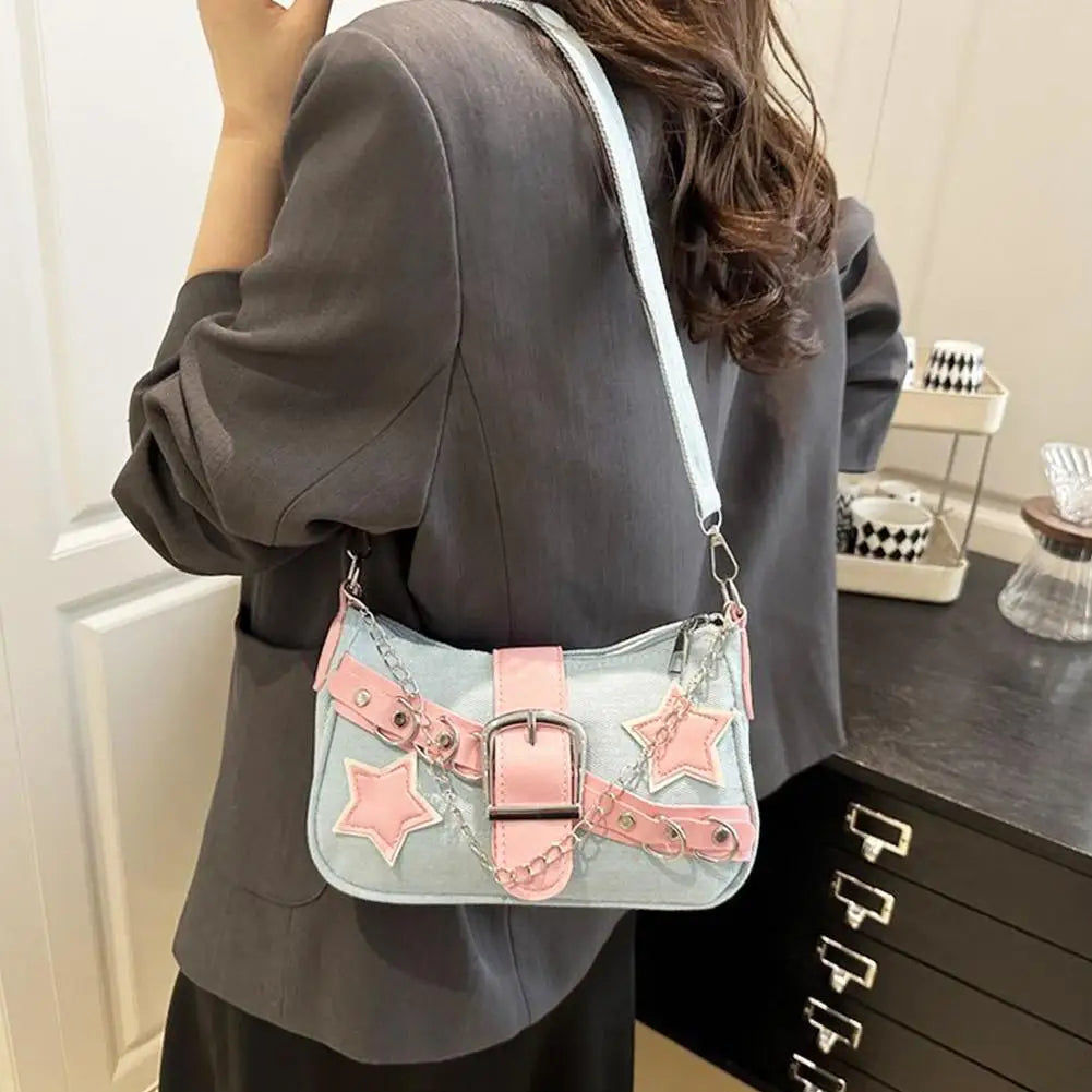 Fashion Women's Handbags Denim Stars Pattern Cool Girls Underarm Bag Female Small Shoulder Hobo Bags Chain Tote Bag