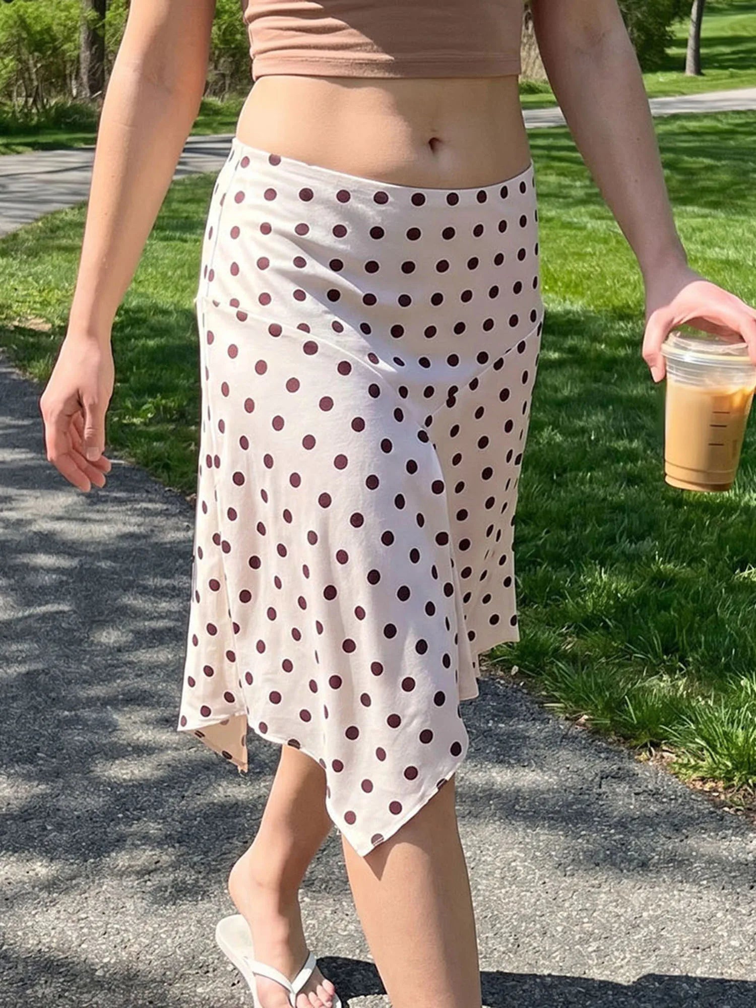 Summer Women's Irregular Hem Midi Skirt Stylish Dots Printed Low Rise Looose A Line Skirts Casual Bohemian Long Skirts