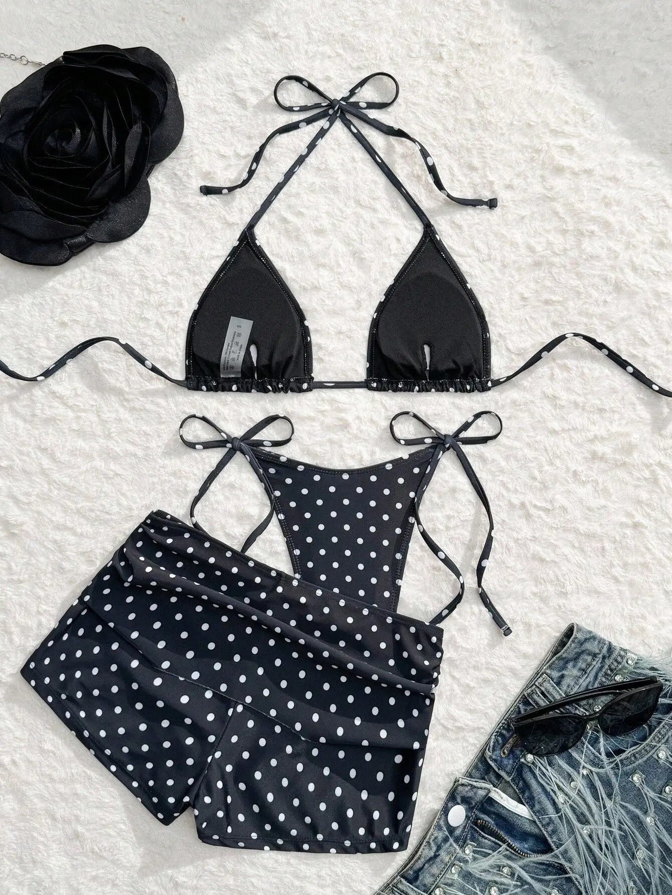 With Shorts Polka Dot Halter Mini Micro Thong Bikini Female Swimsuit Women Swimwear Three-pieces Bikini Set Bathing Suit Swim