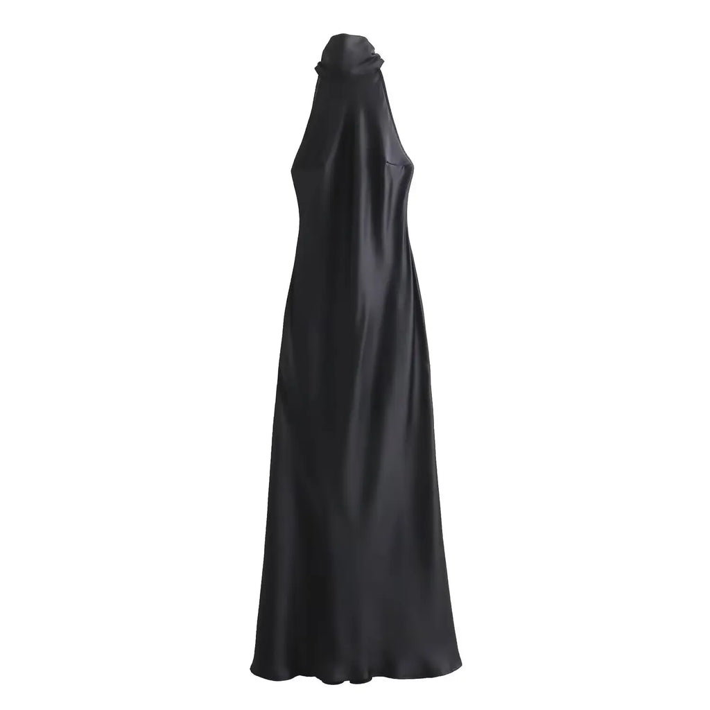Elegant Solid Color Satin Halter Lace Up Long Dress Sexy Off Shoulder Backless Sleeveless Bodycon Dresses New Lady Party Robe