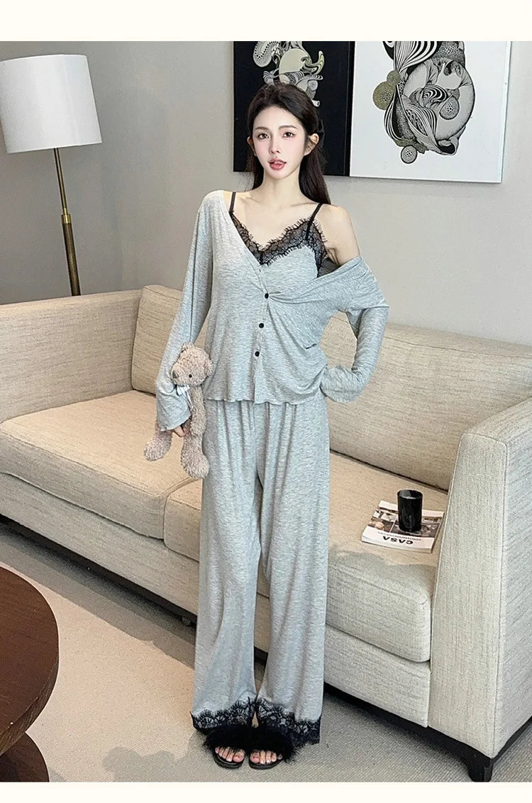 spring and summer modal pajamas women's suspender pajamas three-piece set pure lust style high-end home wear with chest pad set