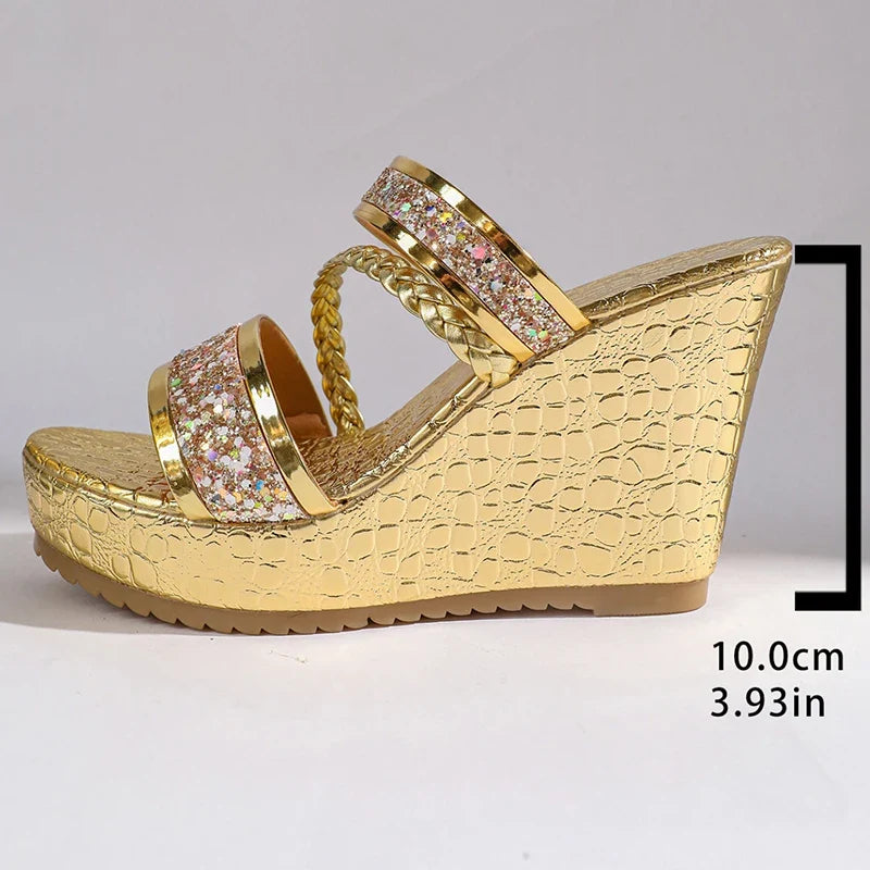 Gold Shiny Sequin Wedges Sandals Women Plus Size 42 Summer Chunky Platform Slippers Woman Crystal High Heel Party Shoes Ladies