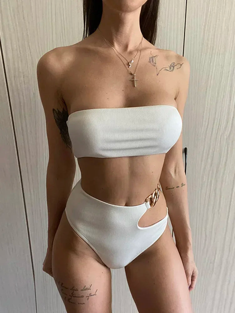 Metal Chain Ribbed Female Bandeau Swimsuit High Waist Bikini Women Swimwear Two-pieces Bikini set Asymmetric Bathing Suit Swim