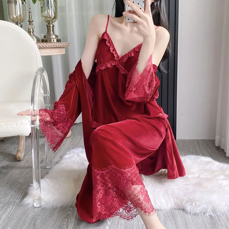 Gold velvet three-piece pajamas set, autumn and winter lace nightgown, sexy home wear with chest pad