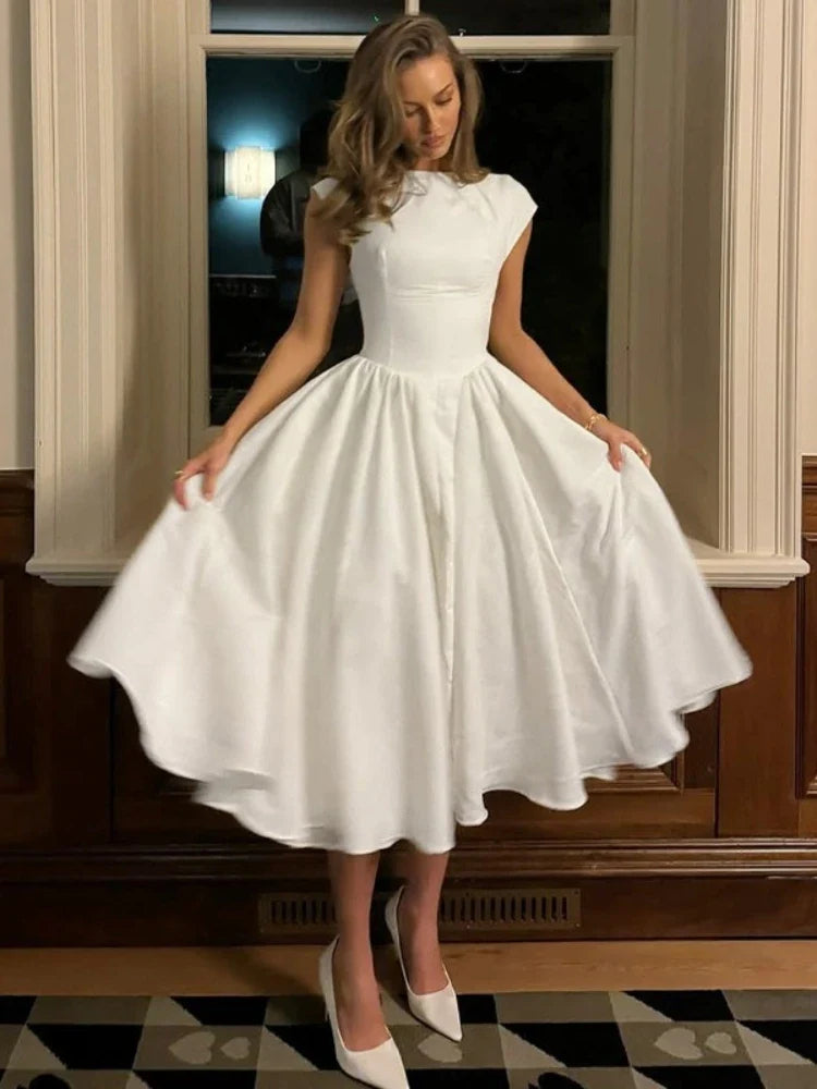 FDYOUI Elegant Sleeveless Backless A-line Party Dress for Woman 2026 Summer Tunics High Waist Solid Wedding Evening Prom Dresses