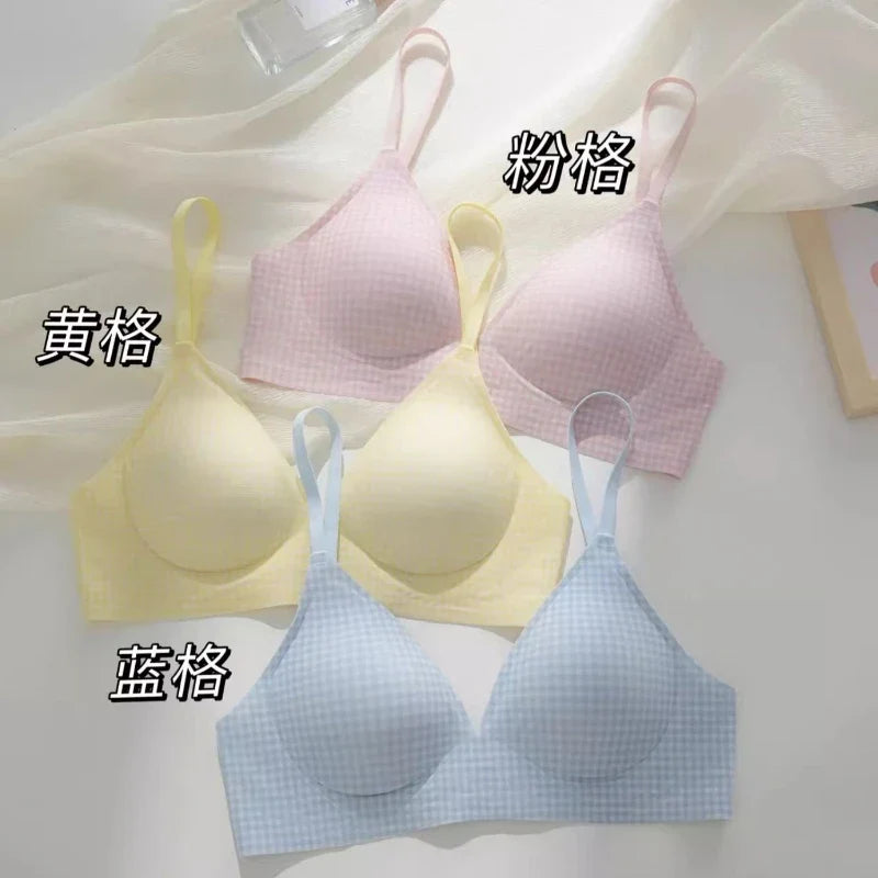 Japanese Checkered Crop Top Bra Small Bust Anti-Sagging Wirefree Pure Cotton Bralette Beachwear Light Support Set S-XL AU MOYISU
