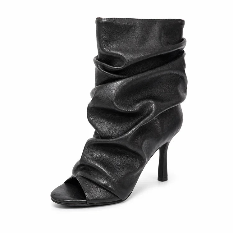 Black Soft Leather Peep Toe Pleated Mid-calf Boots Fashion Women 5 CM Thin Heels Solid Booties High Heel Boots Shoes Lady