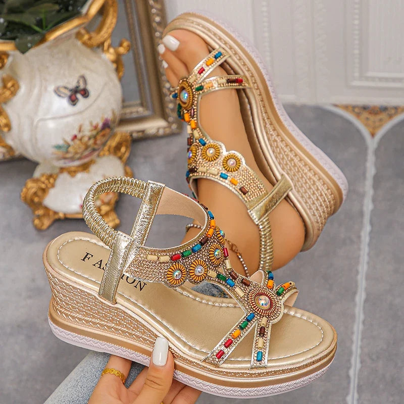 National Wind Beaded Wedge Heels Sandals Women Chunky Platform Slip On Gladiator Sandals Woman Plus Size 43 High Heel Sandalias