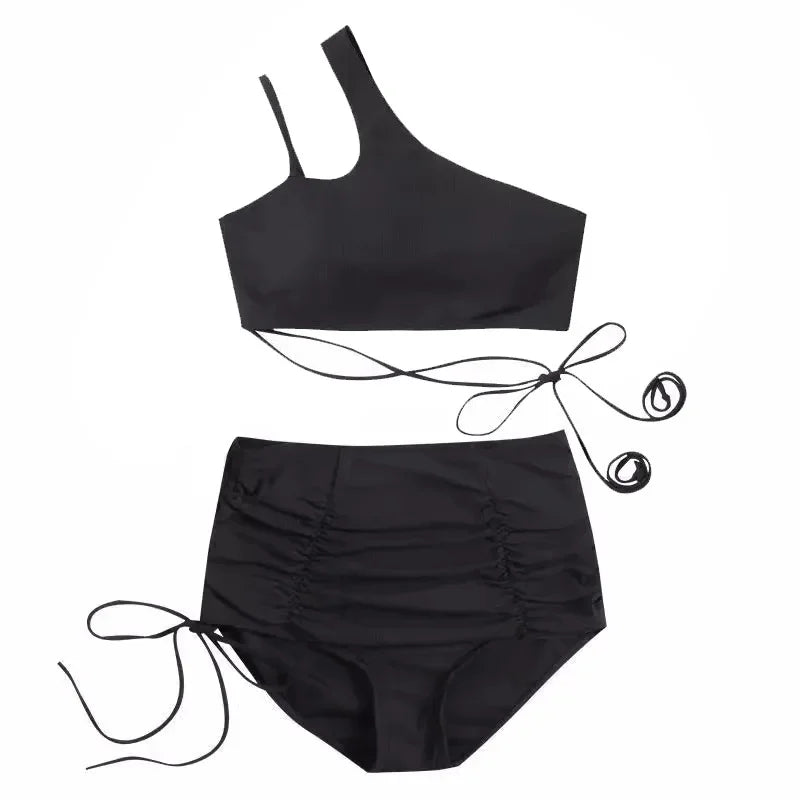 Sexy Korean Fashion One Shoulder Crop Top Mujer Black Drawstring Shorts Bottoms Bikinis Sets Two Pieces Swimsuit Padded Swimwear