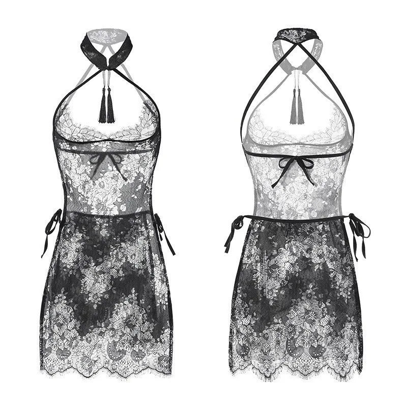 Sexy Qipao  for Women Sheer Mesh Qipao Lingerie Set - Vintage Chinese Style Babydoll with Tassels, Frog Buttons & High Side Slit