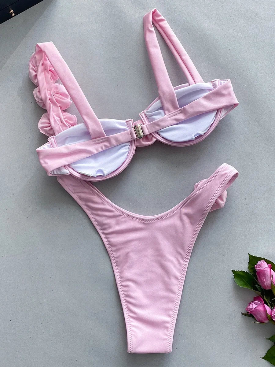 Sexy 3D Flowers Underwired Brazilian Bikini Women Swimwear Female Swimsuit Two-pieces Bikini Set Triangle Bathing Suit Swim Lady