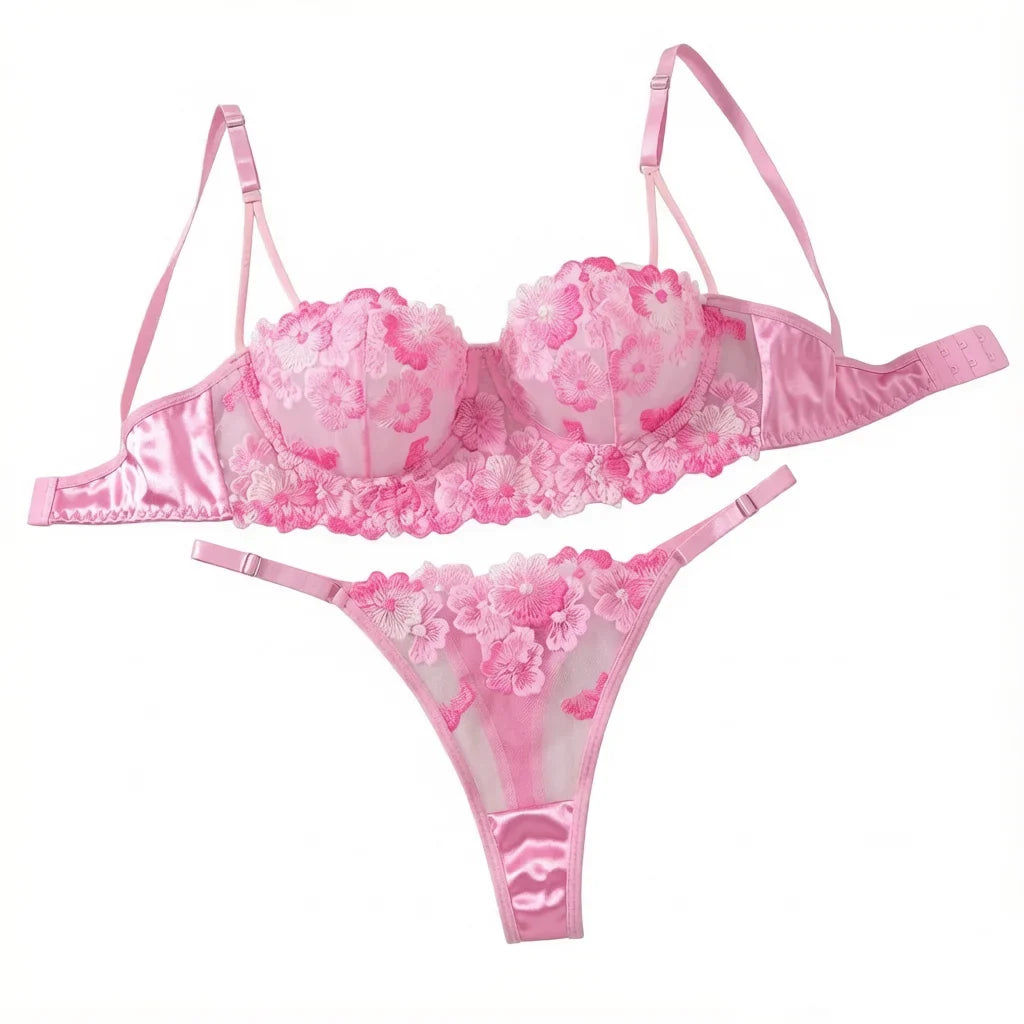 Pink 3D Floral Embroidery Lace Lingerie Set Underwire Bra With Matching Thong Women Sexy Intimates ZA825121