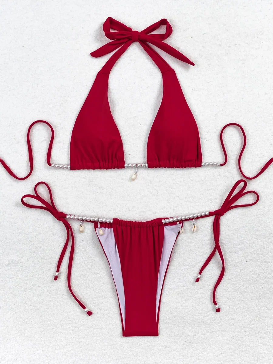 Pearls Halter High Cut Strappy Bikini Women Swimwear Female Swimsuit Two-pieces Bikini Set Bather Bathing Suit Swim Beachwear
