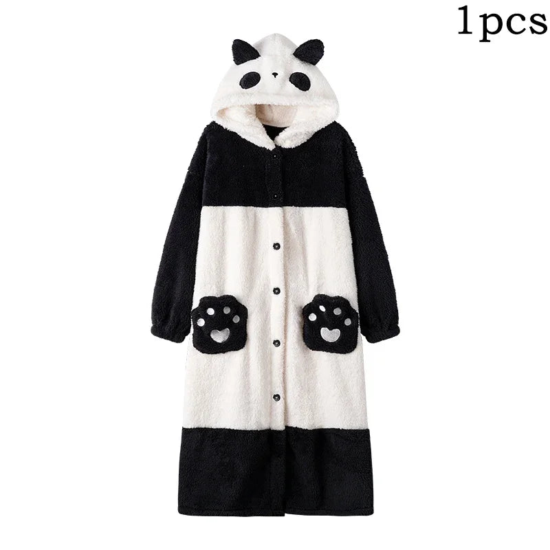 Cartoon Panda Plush Pajamas Robes Anime Adult Nightgown Winter Long Sleeve Night Dress Halloween Party Comfy Kawaii Girl Slipper