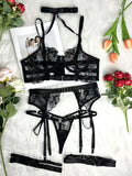 French sexy halterneck embroidered mesh see-through patchwork sexy underwear panties garter set