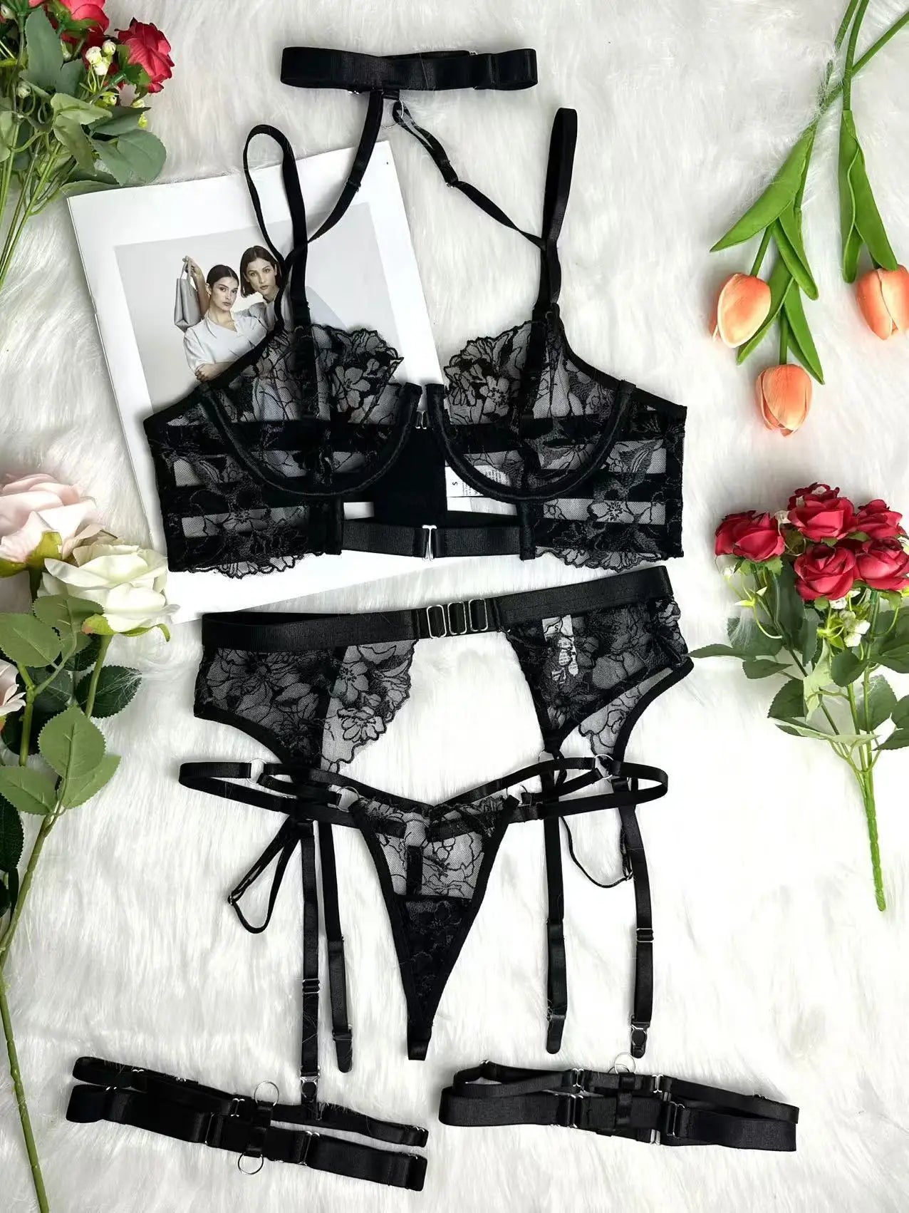 French sexy halterneck embroidered mesh see-through patchwork sexy underwear panties garter set