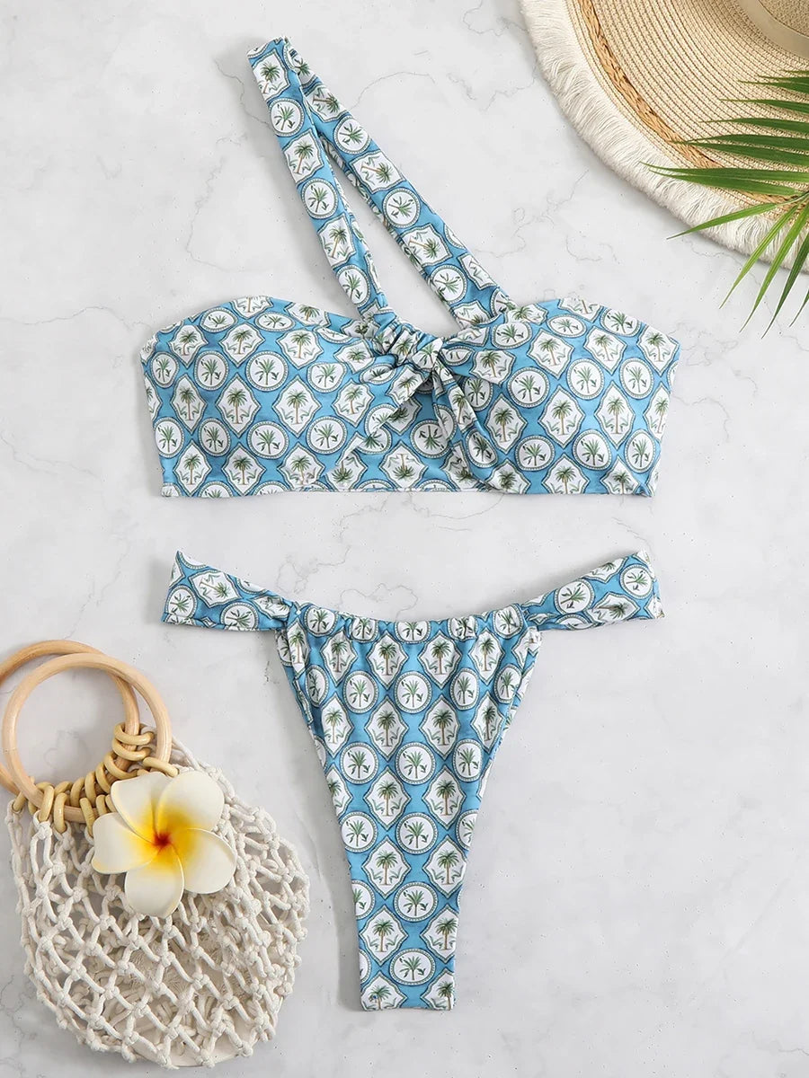 2025 Printed One Shoulder Bikini Women Sexy Swimwear Female Thong Swimsuit Bathers Bathing Swimming Swim Suit Beachwear Summer