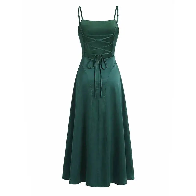 Australian Women's Back-cross-strap Hollow-out Camisole Dress With Chest Pleats Slim-fit Waist And Long Skirt Pure Desire ZJBL