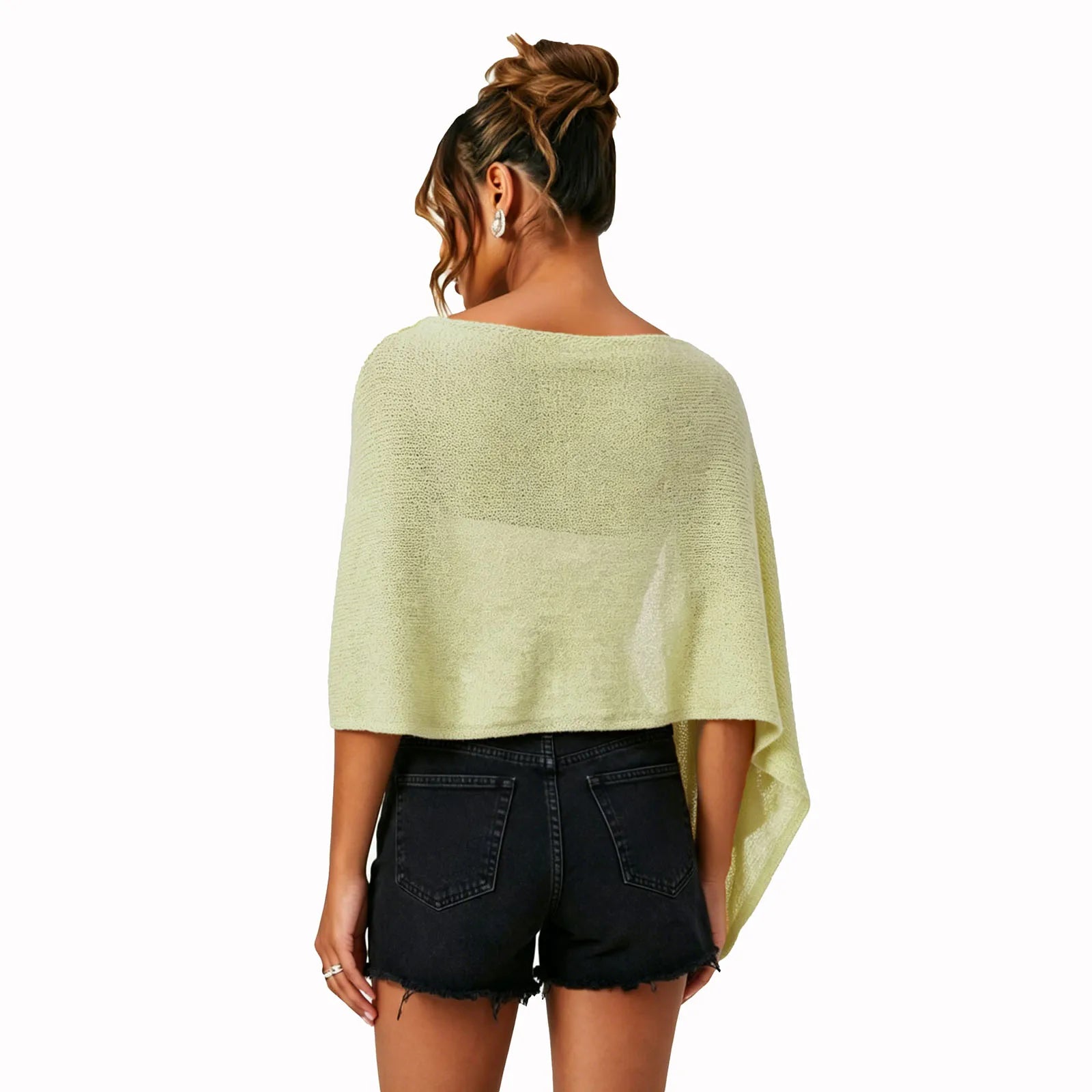 Womens Shawl Tops Lightweight Stylish Solid Color Irregular Hem Boat Neck Loose Fit Sheer Poncho Blouse Summer Knit Cover-ups