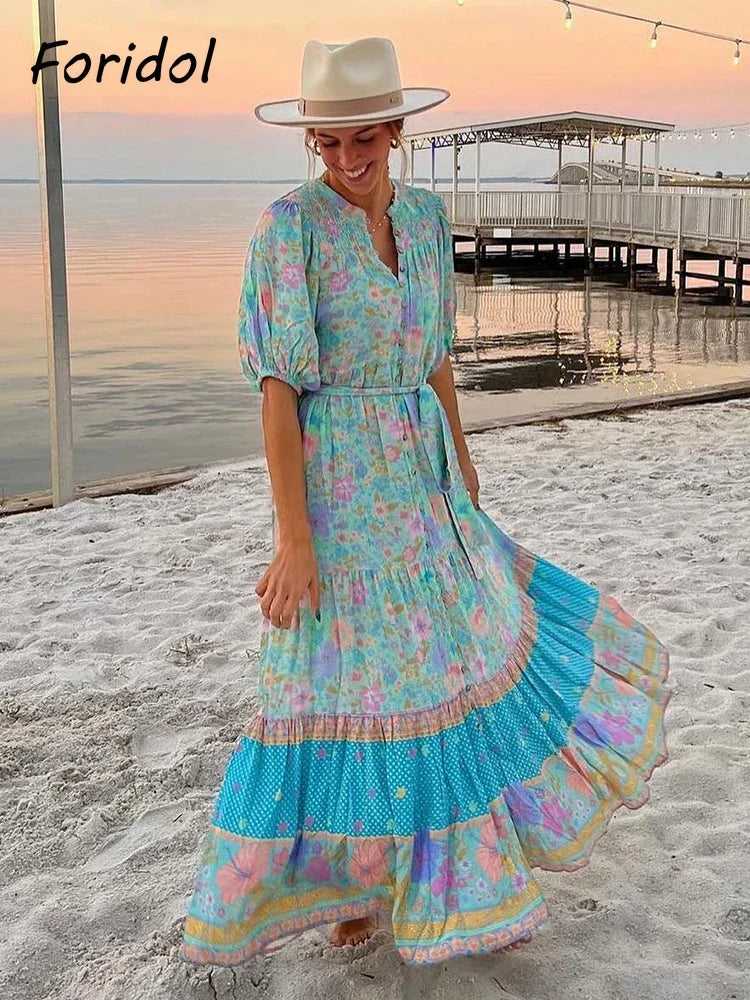 Foridol Single Breasted Bohemian Holiday Summer Women Dress Belt Casual Loose Maxi Floral Dress Short Sleeve Long Viscose Dress