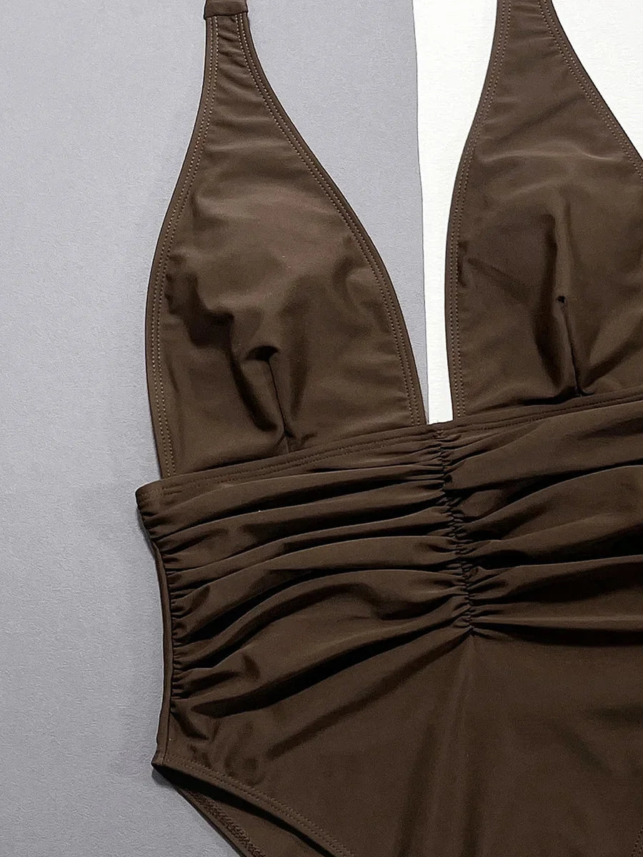 V Neck Halter Wrinkled Women Swimwear One Piece Swimsuit Female High Cut Backless Monokini Bather Bathing Suit Swim Beachwear