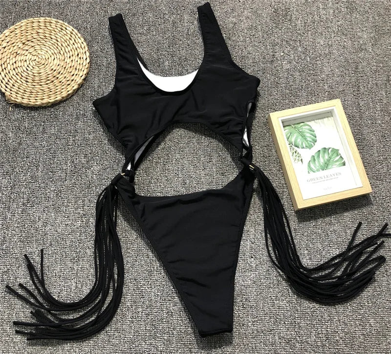 Tummy Cut Out Splicing Fringe Tassel Women Swimwear One Piece Swimsuit Female Monokini High Leg Cut Bathing Suit Swim Beach Wear